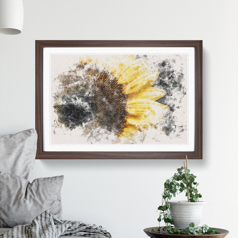 Yellow Sunflower Rising - Single Picture Frame Print on MDF, 45cm H x 63cm W x 2cm D, Walnut