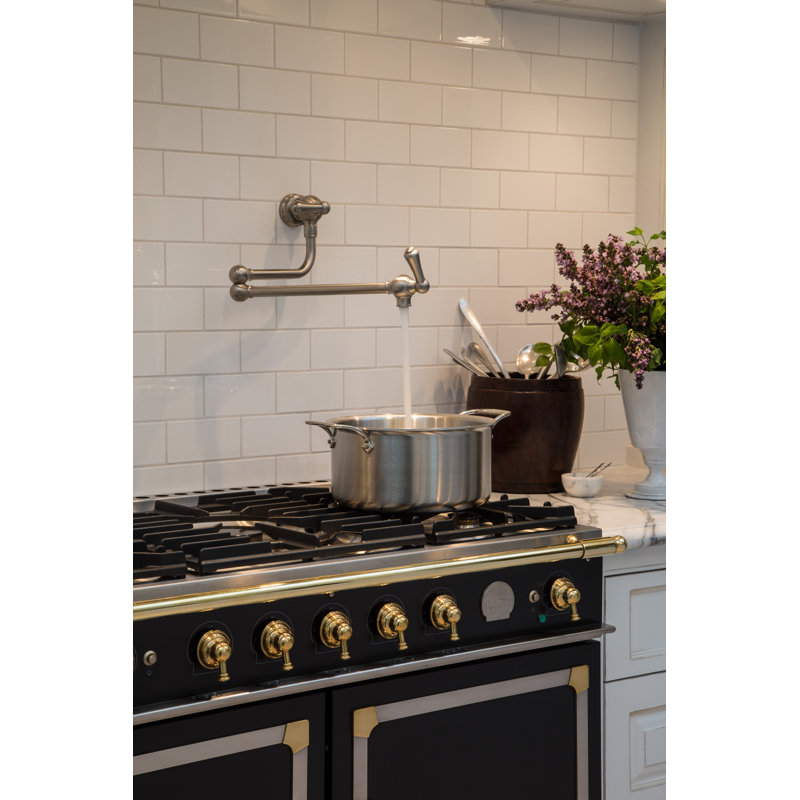 Edwardian™ Country Two Handle Wall Mounted Swing Arm Pot Filler Faucet with Lever Handles, Unlacquered Brass
