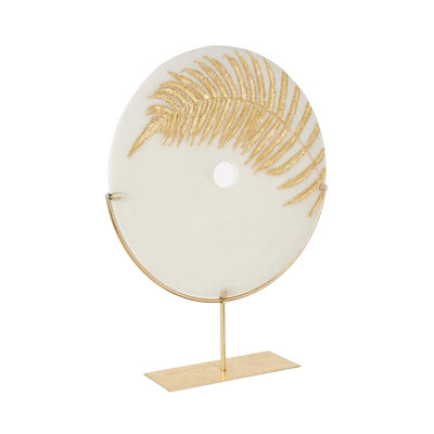 Cole And Grey Polystone Round Disk Leaf Decorative White Sculpture With Center Cutout And Gold Base