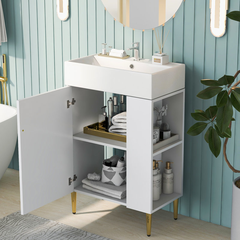 Meuble-lavabo moderne de 21,6 po, lavabo en céramique, meuble de rangement du côté droit, porte à fermeture en douceur, meuble-lavabo blanc spacieux avec meuble-lavabo et lavabo