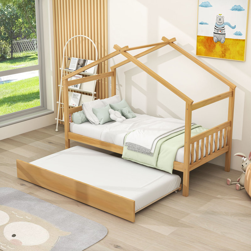 Wood House Bed With Pull-Out Twin Trundle, Natural, Twin
