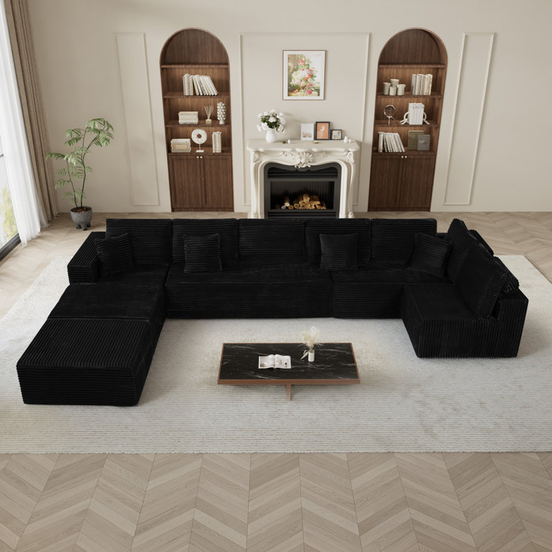 Boneless Adame 177"W Modular 8 Seats Upholstered Cloud Sectional Sofa With Ottomans, Black Corduroy
