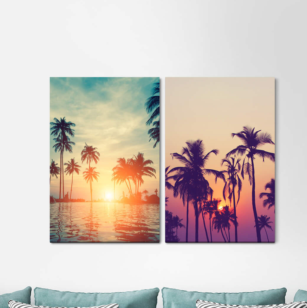 2-tlg. Leinwandbilder-Set - Fotografie „Palms Florida Summer Sunset South Dream Vacation Relaxing”