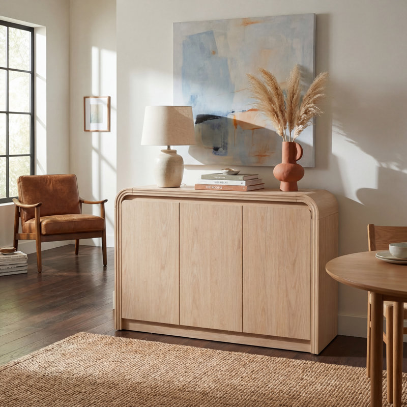 Curved Edge 47.24" Width MDF 3-Door Buffet Storage Cabinet, Oak