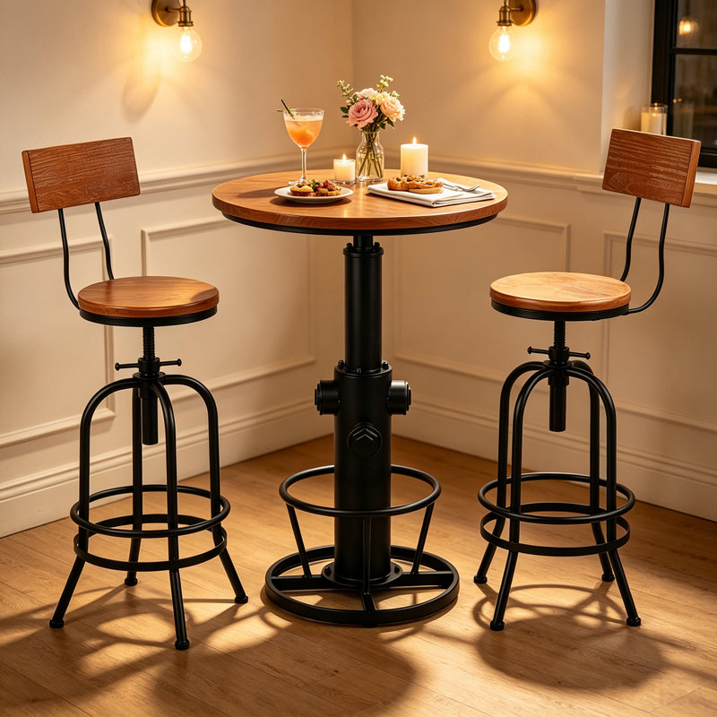 Dining table Pine Round Solid Wood Top with Iron Base Dining Table, Black