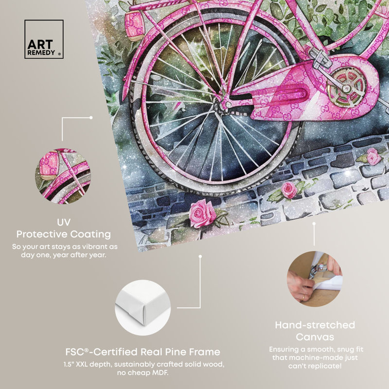 Glam Pink Bicycle with Roses Canvas Wall Art, 24" x 24"
