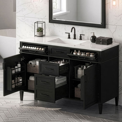 Meuble-lavabo moderne autoportant de 122 cm (48 po), meuble-lavabo composite avec 4 tiroirs, 2 portes et étagères réglables