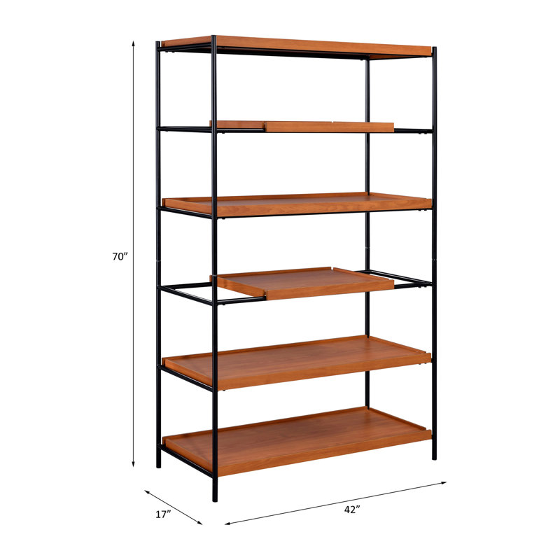 6-shelf Bookshelf In Honey Oak And Black For Organizing Books With Open Back Design -