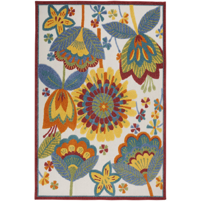 Tapis floral intérieur jaune / bleu / rouge intérieur / extérieur, Rectangle 5 pi 3 po x 7 pi 5 po