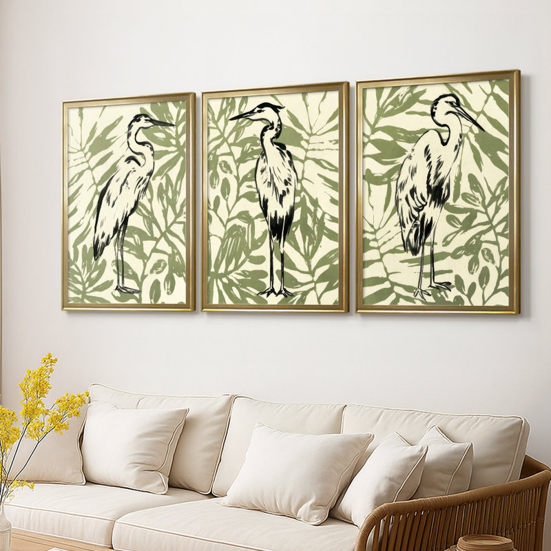 Retro Parlor Heron I - Toile tendue avec châssis sur mesure - 3 pièces, H 27 po x l 39 po, Gold