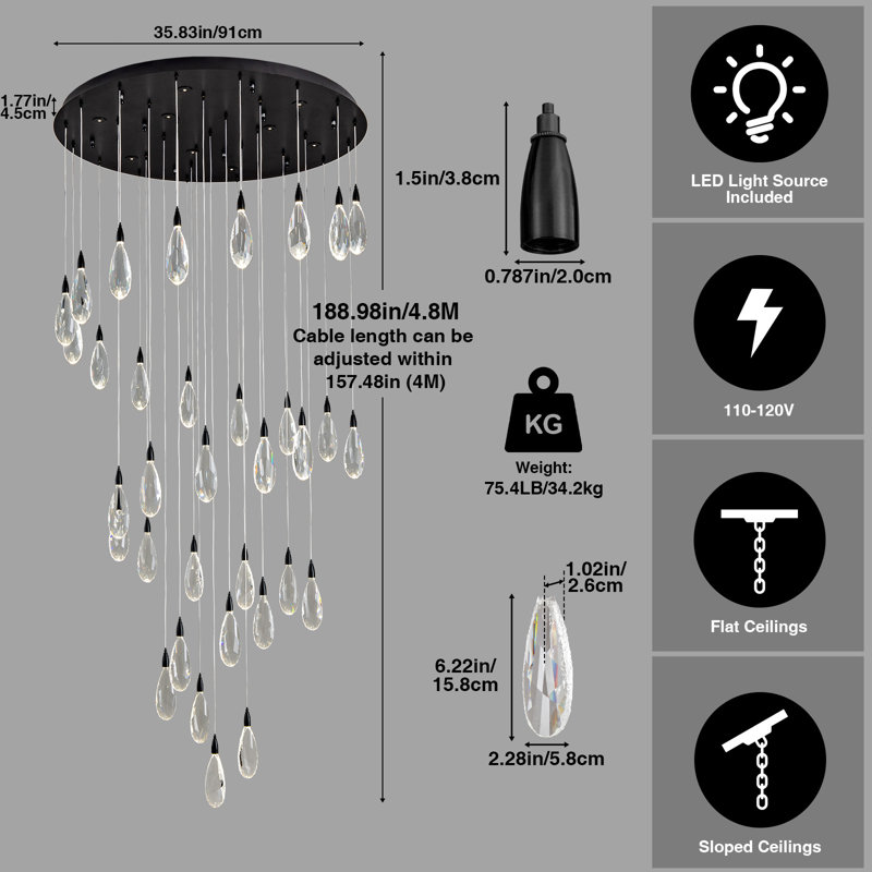 Lustre d'escalier rond en cristal 43 lumières Naleya, Noir mat