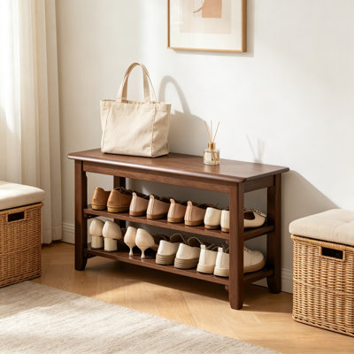 Banc en bois massif à finition noyer avec 2 tablettes ouvertes, banc d'entrée polyvalent et siège pour vestibule, range-chaussures stable à pieds en H