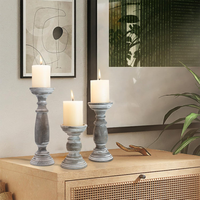 Grey Rustic Wooden Candle Holders Set Of 3