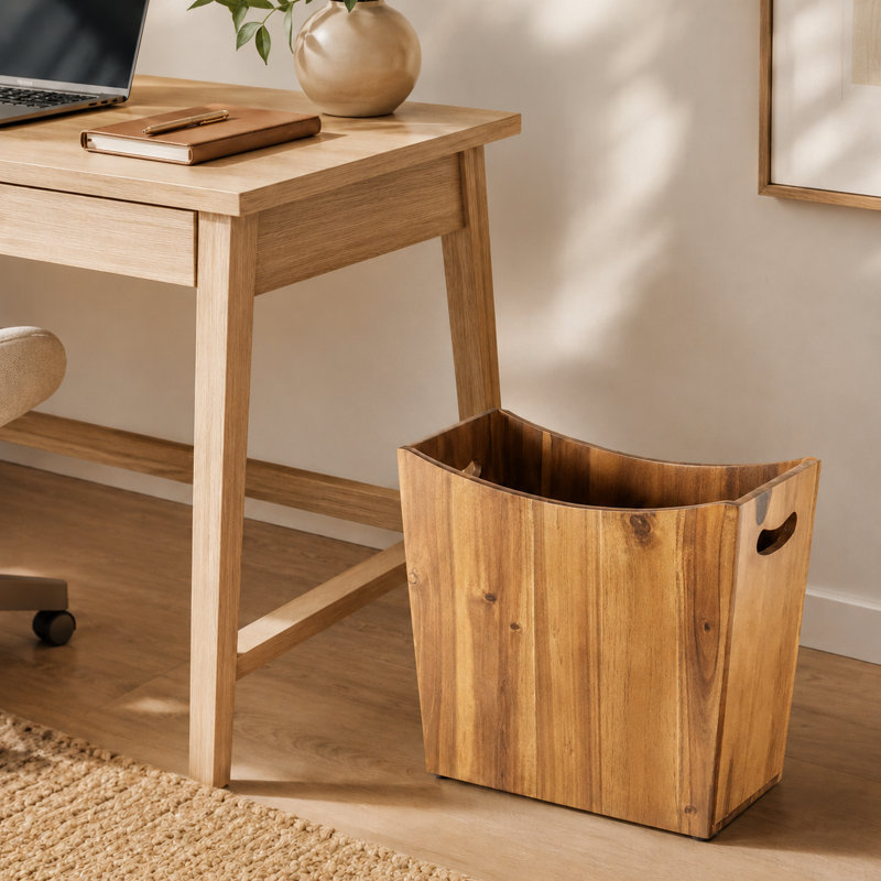 Solid Acacia Wood Decorative Waste Basket With Handles (3 Gallon) - Versatile Trash Can  for Home, Office, Bedroom & Bath