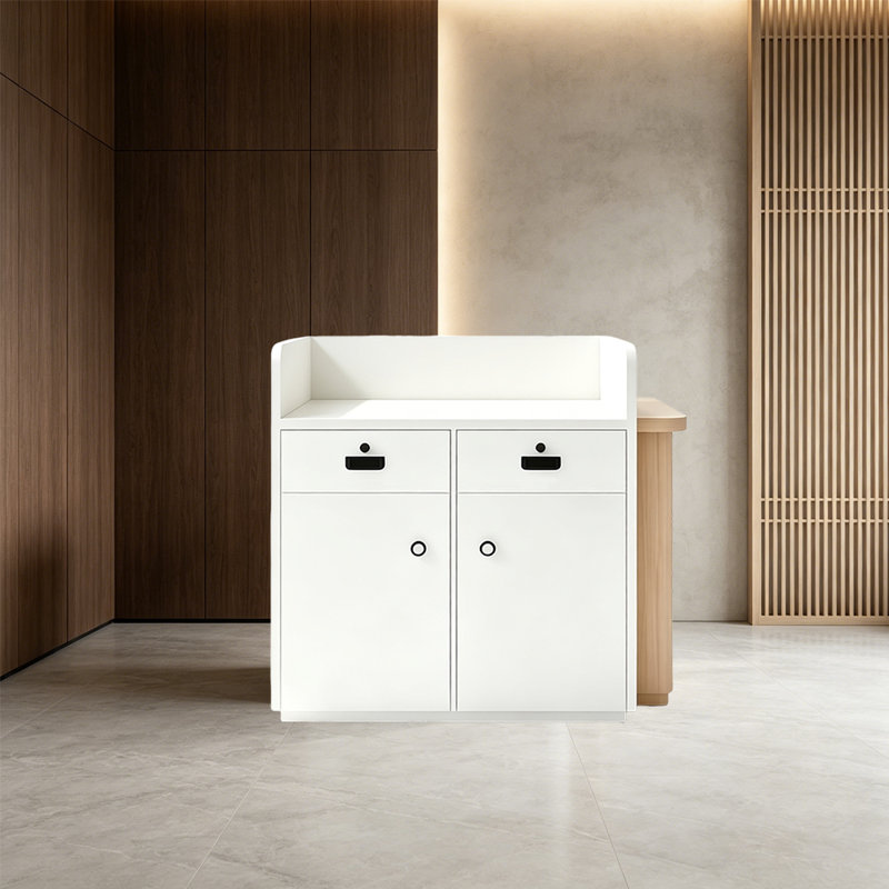 Bureau de réception et de réception peu encombrant avec rangement verrouillable sécuritaire et système de glissières silencieuses, bord en forme d'arc pour la sécurité, utilisation polyvalente dans les magasins, les cabinets ou les kiosques d'événements