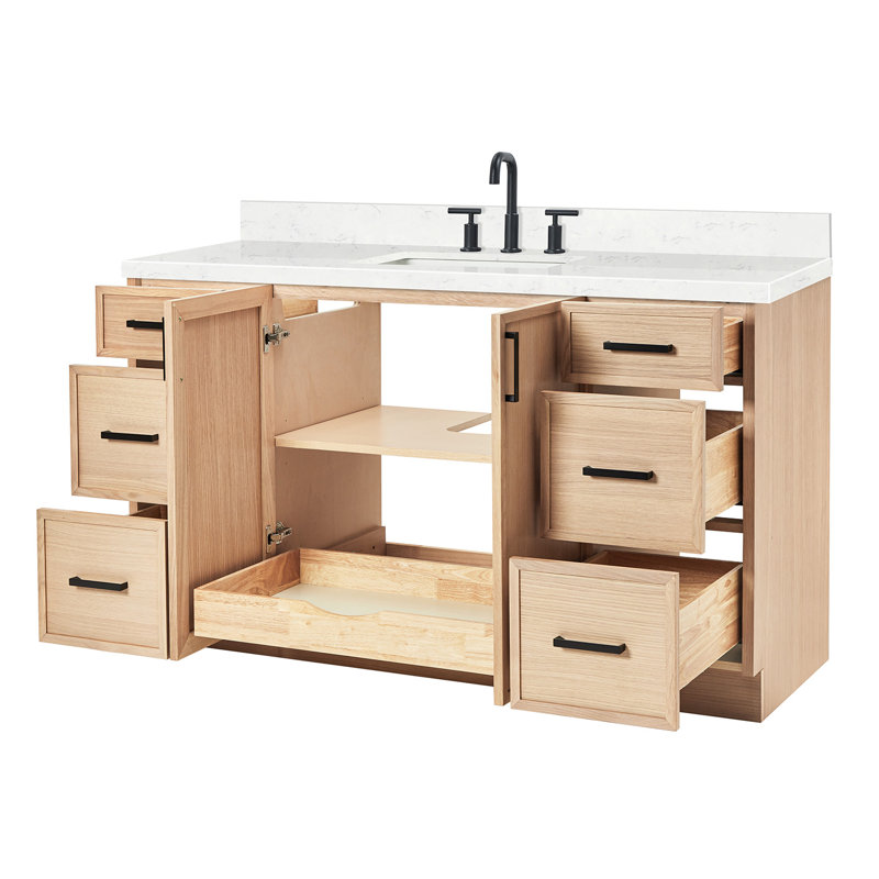 ARIEL Kelly 60 Single Sink Bathroom Vanity with Carrara Quartz Top, Oak, Rectangular, 60"