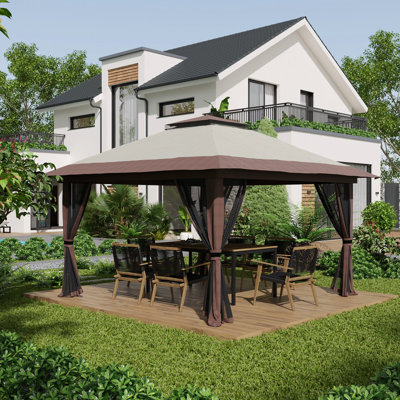 13' X Pop Up Gazebo, Instant Canopy Tent With 2 Roof. Uv50+ Guard, Beige For Outdoor Activities. With Wheeled Carry Bag And Water/sand Bags Roof, Gazebo Netting Swimming