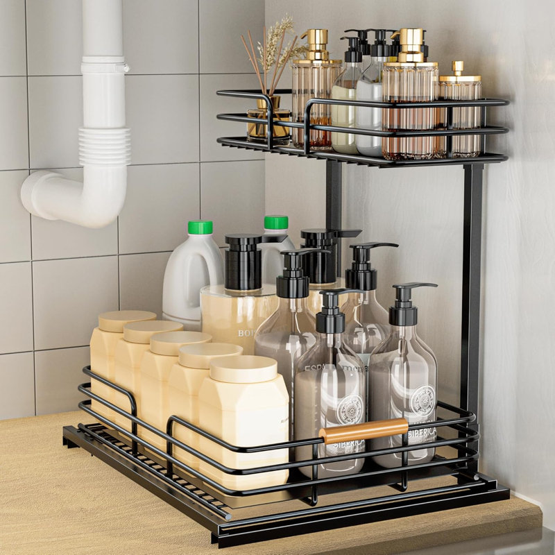 Rangement à 2 niveaux avec tiroirs coulissants, métal robuste, résistant à la rouille, facile à assembler pour la cuisine, la salle de bain et la buanderie