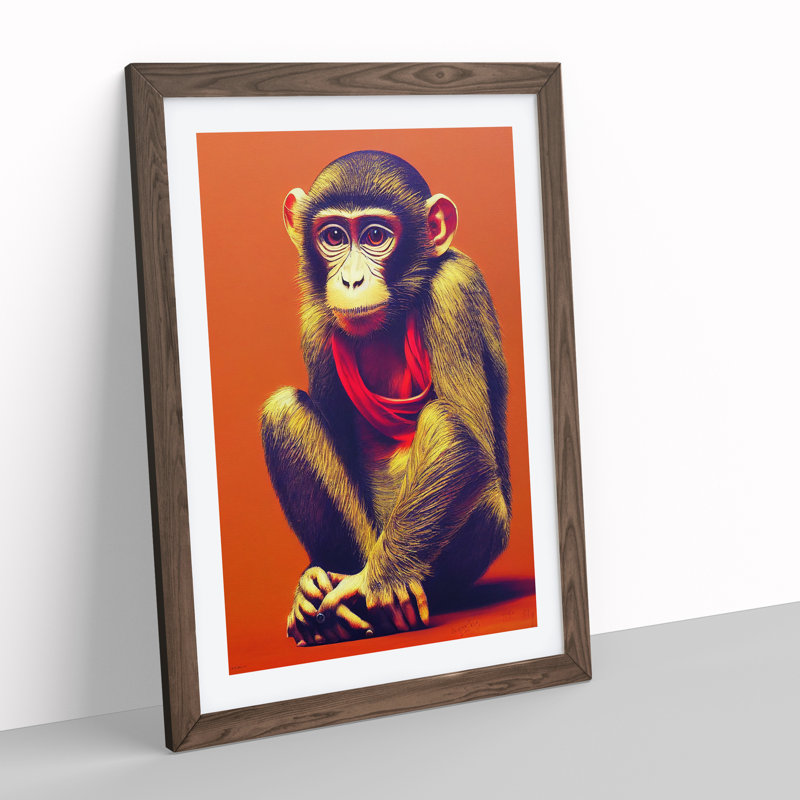 Young Monkey No.3 - Single Picture Frame Painting, 34cm H x 25cm W x 2cm D, Walnut