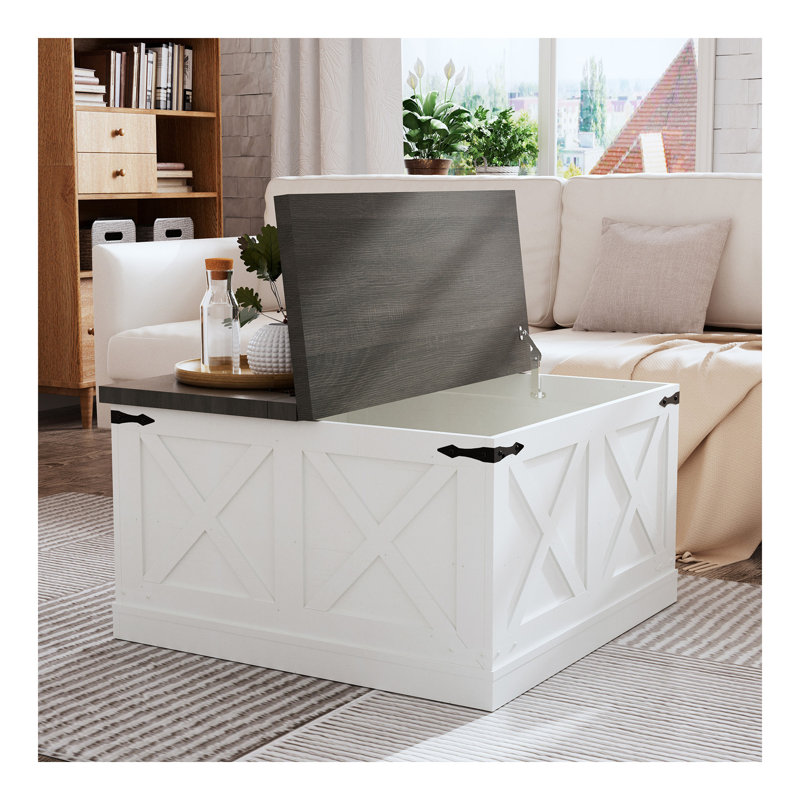 Table basse Farmhouse, table centrale carrée en bois avec grand compartiment de rangement caché pour le salon, table de cocktail rustique avec plateau relevable à charnière pour la maison, blanc