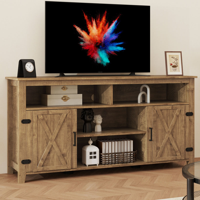 Farmhouse Entertainment Center Media Console Table Rustic TV Stand With Storage Cabinet And Barn Door For Living Room