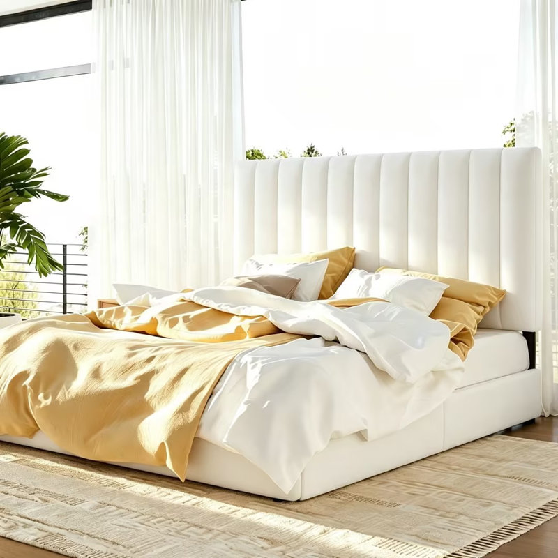 Lit plateforme tapissier avec 4 tiroirs et tête de lit, Blanc, Grand