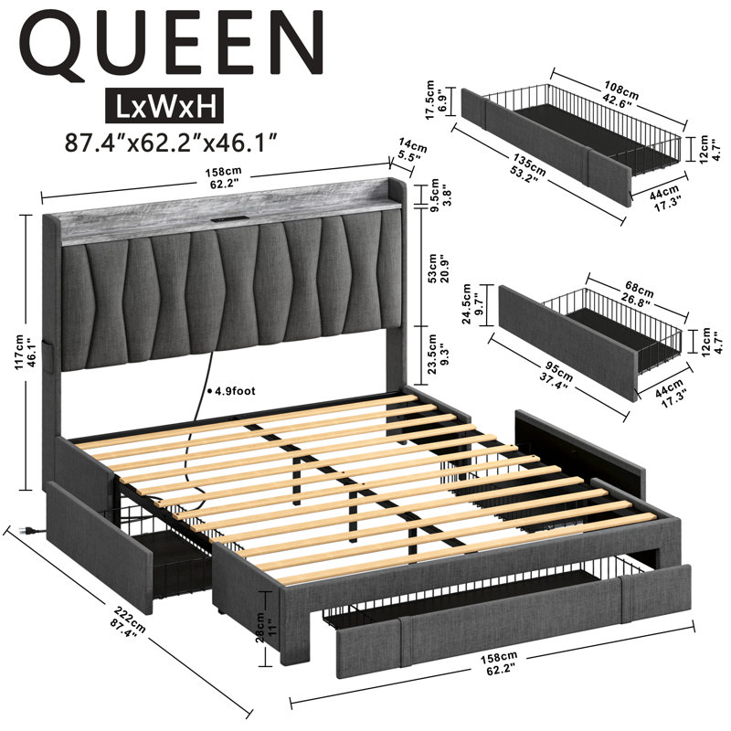 Gray Queen Upholstered Bed Frame with Storage and Charging Station