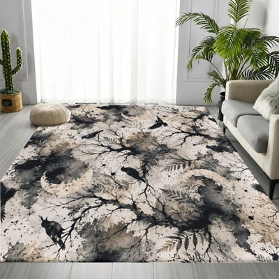 Tapis artistique à motif d'arbre de lune Raven, motif de lavage à l'encre gothique Spooky Night, tapis antidérapant confortable et lavable à la machine, décoration intérieure pour le salon, la chambre à coucher, le coin-détente, appartement