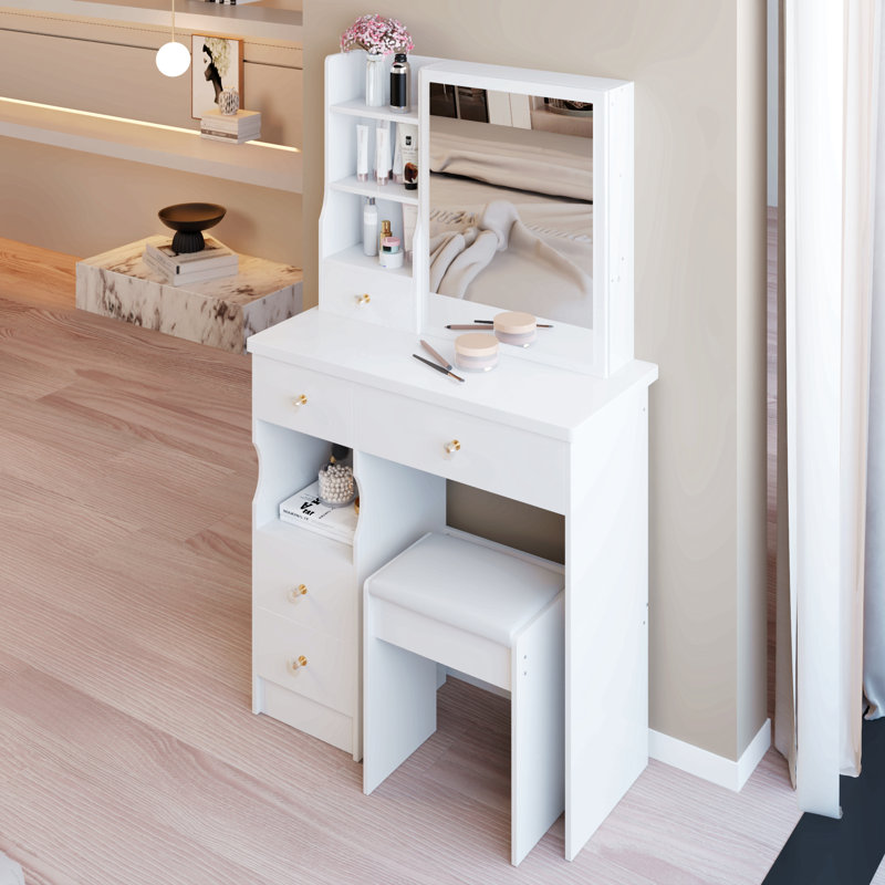 29.2" Small Space Left Drawer Desktop Vanity Table + Cushioned Stool, Extra Large Right Sliding Mirror, Multi Layer High Capacity Storage, Practical Fashionable Dresser, Suitable For Small Space