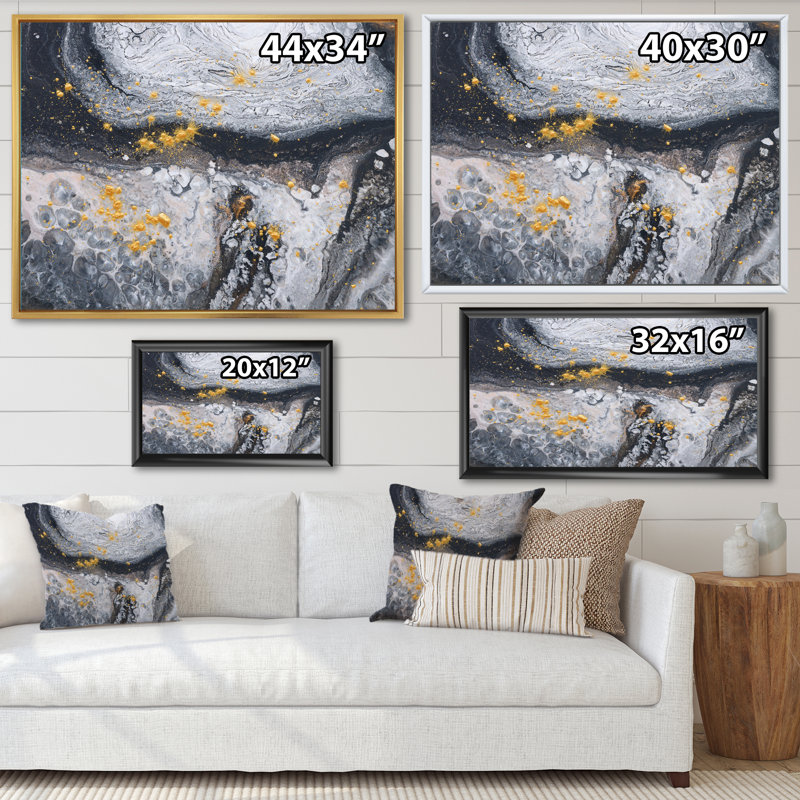 Vagues d'art en or noir et marbre blanc - peinture sur toile, H 12 po x l 20 po, Toile à cadre flottant noir