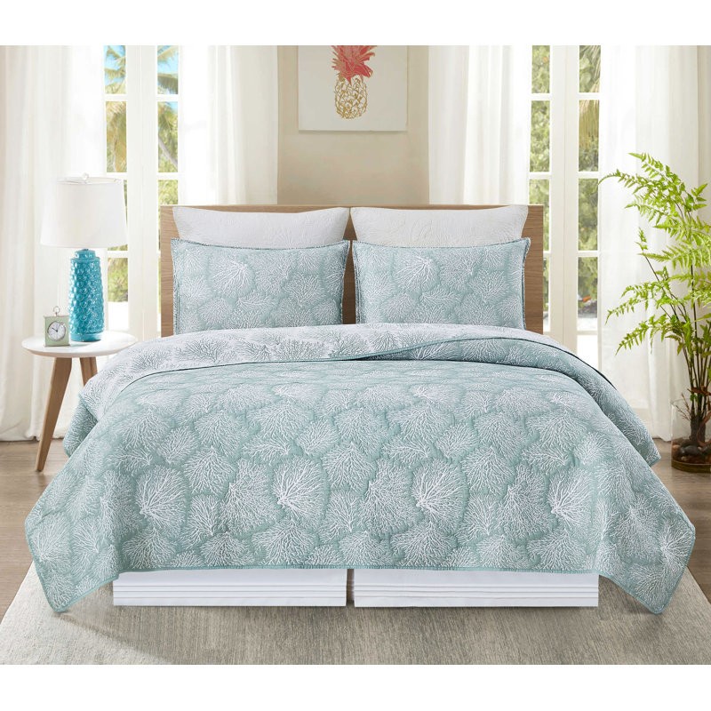 Coral Jacquard Reversible Quilt Set, Blue, Queen Quilt + 2 Standard Shams