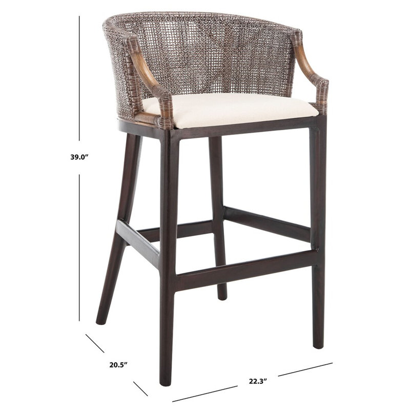 Morency Transitional Bar Stool - Mahogany Frame with Textured Rattan Backrest & Foam Cushion, White, Dark Brown
