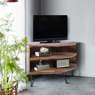 Fan Shape Reclaimed Wood Living Room Corner Media Unit - Construction Easy To Keep Clean Fits Any Style 41.93" D X 20.06" W 24.17" H 30.48 Lb Weight Rack & Simple Maintain Decor 41.93 In 20.06 24.17