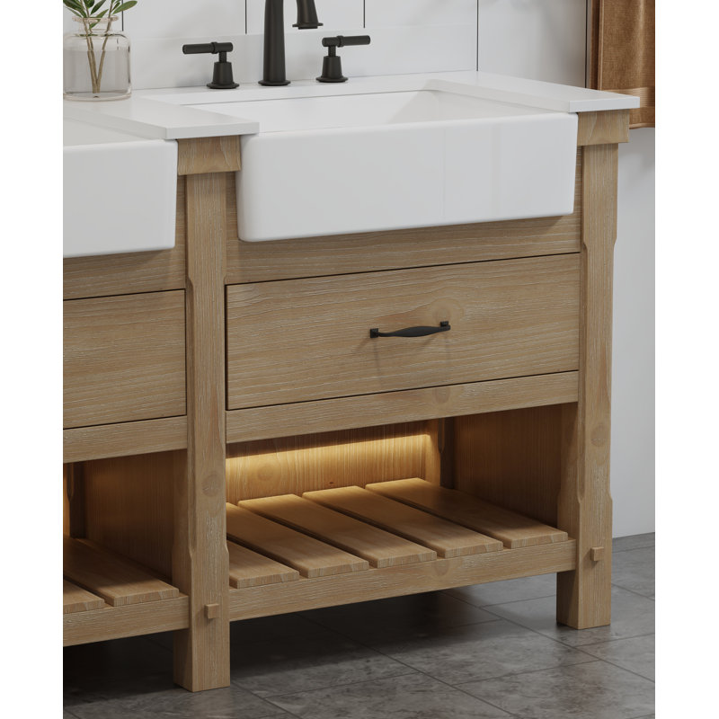 Meuble-lavabo double 60 po avec lavabo en pierre Maxbano Farmhouse, Marron clair