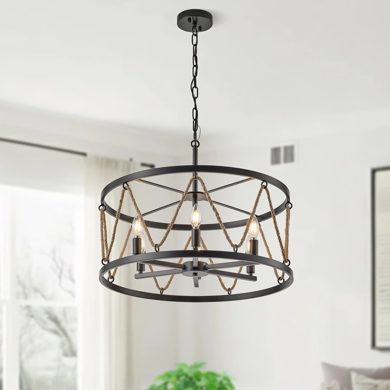 Lustre tambour 6 lumières à intensité variable avec abat-jour en corde de chanvre, Noir mat