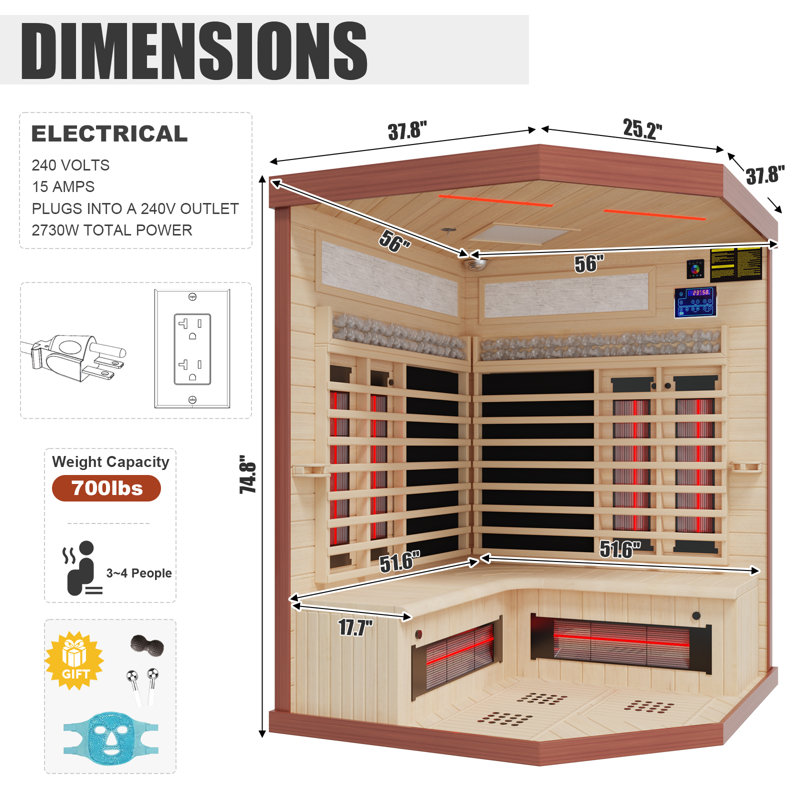 Meissalivve Full Spectrum Infrared Sauna，4 Person Home Sauna， Red Cedar Luxury Indoor Spa Sauna With Resonance Speaker, Panoramic Tempered Glass Door