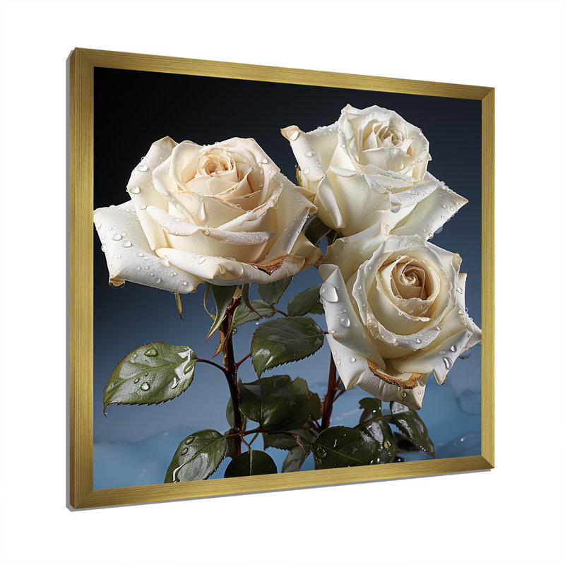 Monocrhome roses blanches en fleurs, H 16 po x l 16 po x P 1 po, Cadre doré simple