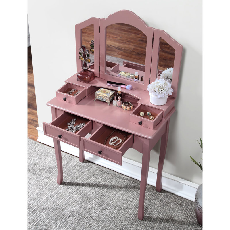 Nan Rose Gold Finish Wooden Vanity , Includes Table, Stool And Cosmetic Shelf Make Up Table In By , Ample Storage For Beauty Products
