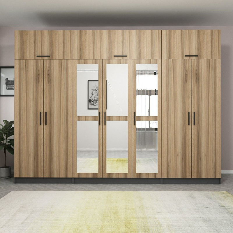 Elina 7 Door Manufactured Wood Wardrobe, 255cm H x 315cm W x 52cm D, Brown