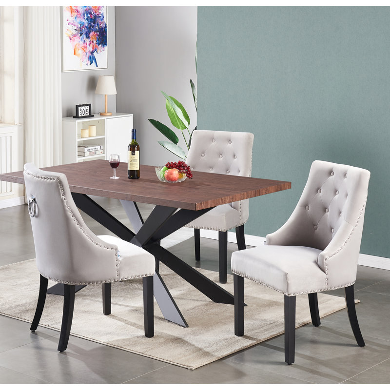 Rizzuto 4 Person Dining set - a Rectangular Wooden Dining Table with Metal Legs and a Set of 4 Quilted Ring Knocker Velvet Dining Chairs for Dining Room - Modern Dining Table Set