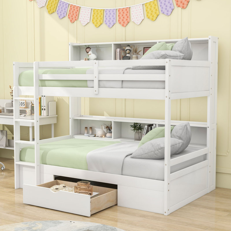 Lit superposé simple au-dessus d'un lit simple en bois avec tiroir de rangement intégré et tablettes robustes, Blanc