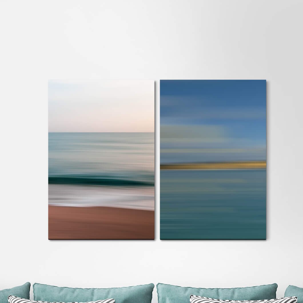 2-tlg. Leinwandbilder-Set - Grafikdruck „Pastel Tones Waves Beach Horizon Modern Meditation”