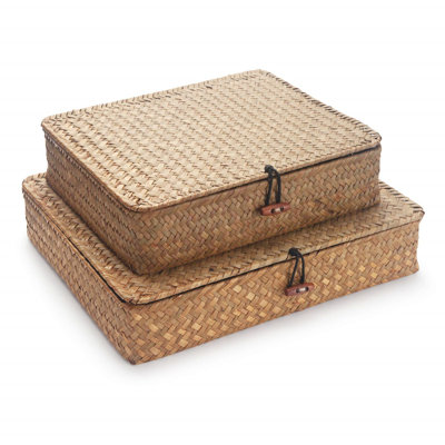Seagrass Storage Boxes With Lids Natural Woven Stackable Set Of 2 (Large + Small)