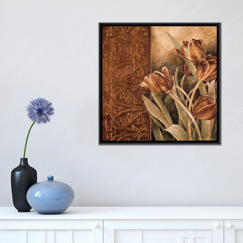 «Copper Tulips I», impression sur toile, H 18 po x l 18 po x P 1,5 po, Toile encadrée noire, Pas de tapis