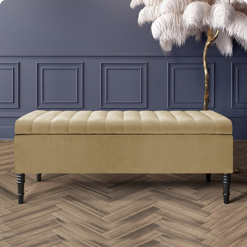 Paris Striped Ottoman Storage Bench - Upholstered Plush Velvet Shoes Bench with Black Turned Wooden Legs, Mink