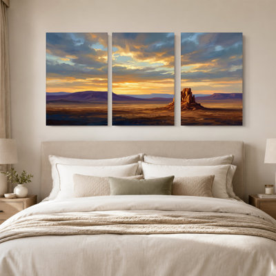 Red Rock Formation In Golden Desert Landscape Set Of 3 Canvas Wall Art