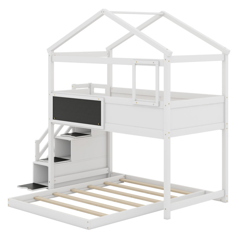 Lit superposé House avec escalier de rangement et tableau noir House, Blanc