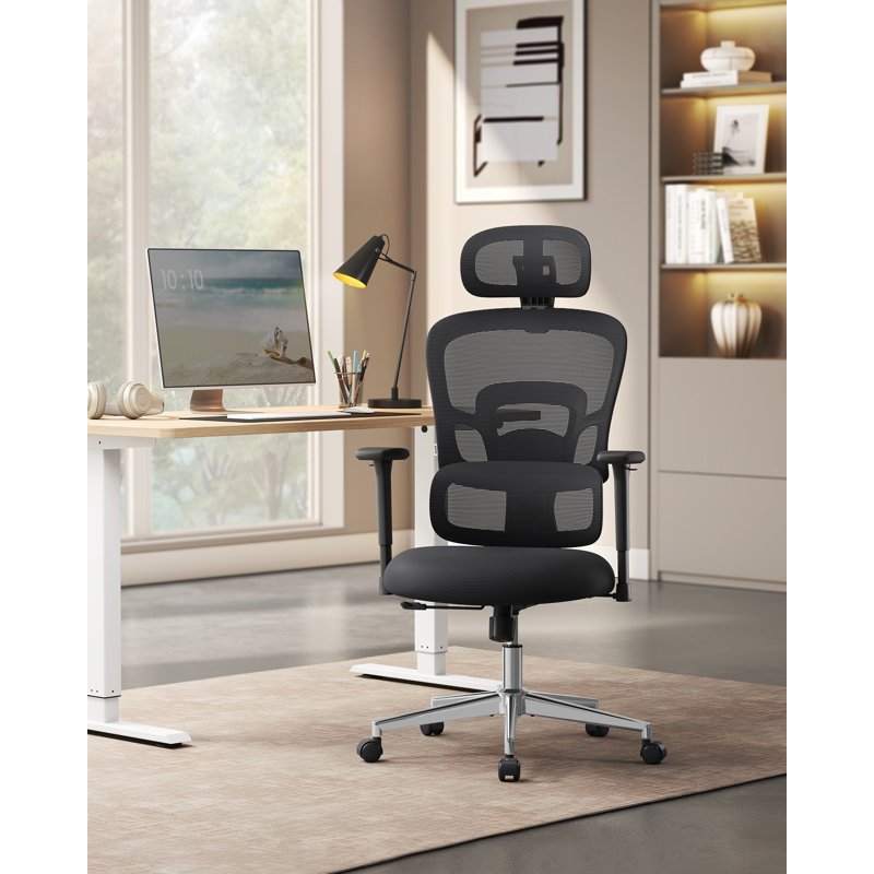 Chaise de bureau, chaise à dossier haut en filet pour bureau d'ordinateur, support lombaire à hauteur réglable, ergonomique, appui-tête et accoudoirs réglables en 3D, fonction d'inclinaison, pour le bureau personnel, noir encre