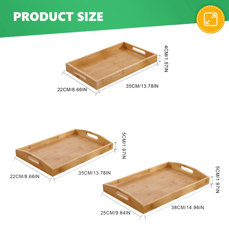 Bamboo Serving Trays 5 Pack – 15 Inch Wooden Trays with Handles, Natural Serving Platters for Breakfast, Tea, Dinner, Party, Kitchen, and Bed – Eco-Friendly, Easy to Store