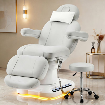 Table de massage électrique à 3 moteurs avec tabouret, hauteur et dossier réglables, station de charge intégrée et lumière DEL, pour le spa, le visage et le salon